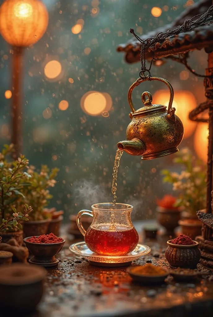 A vintage golden tea kettle hanging from a crane, pouring hot tea into a transparent glass]: A dreamy miniature world, nighttime ambiance, rain droplets fallingWarm bokeh lights glowing in the background, enhancing the cozy atmosphere]Tiny villagers sittin...