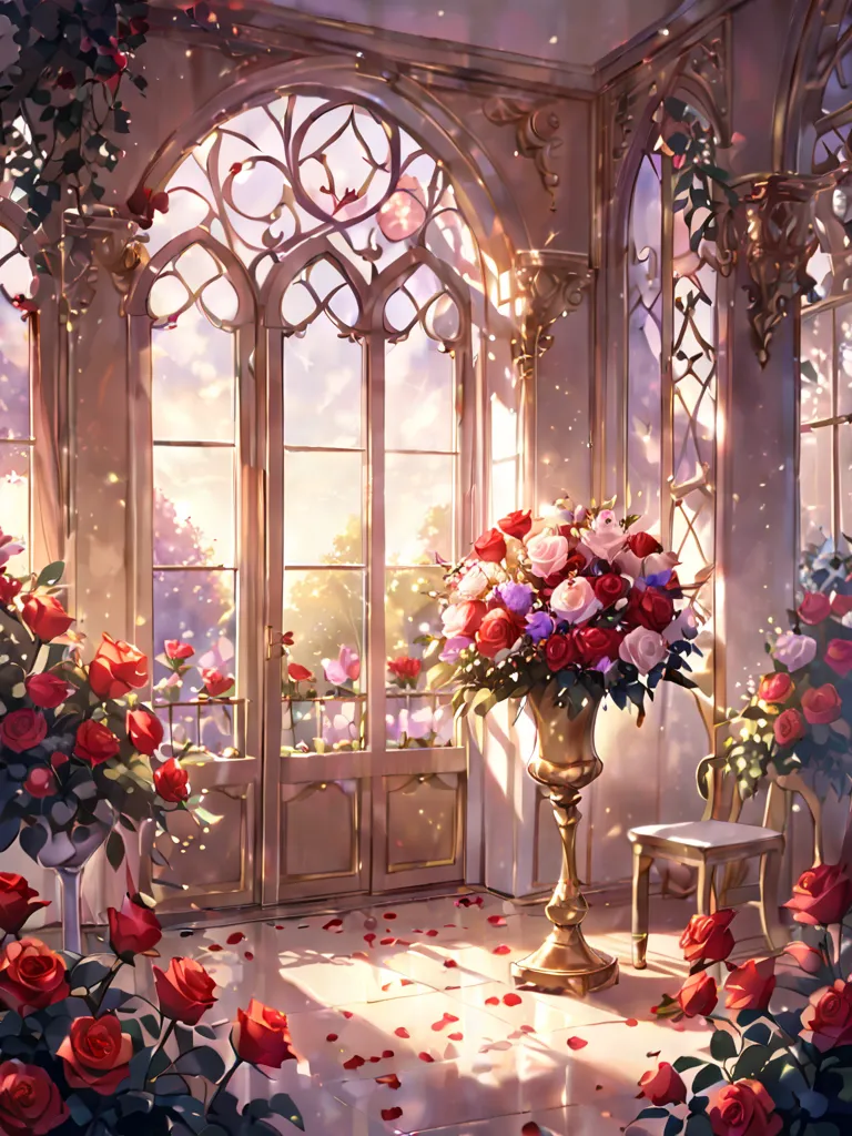 An elegant postcard design showcasing a bouquet 2 Floor,Flower bouquet level of blooming roses in various shades of red and purple The background features a soft, blurred garden with warm golden light filtering through leaves. The design exudes romance and...