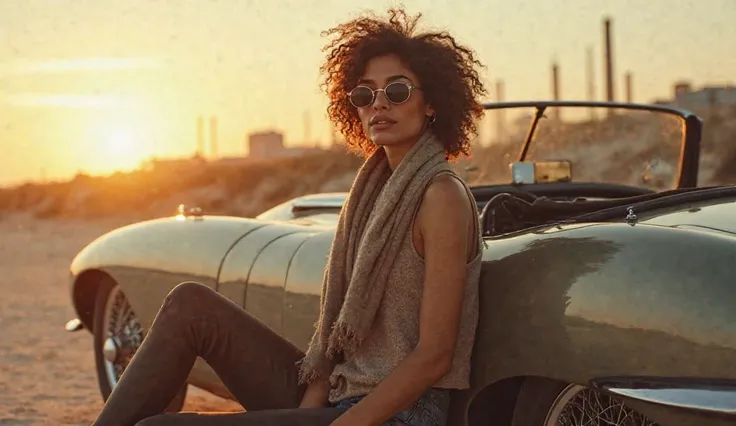 Wide-open beach scene at sunrise, featuring a European model sitting comfortably against a vintage convertible from the 1960s, such as a Fiat or Jaguar E-Type, parked on a quiet stretch of road. Her natural hairstyle is styled into voluminous waves, catchi...