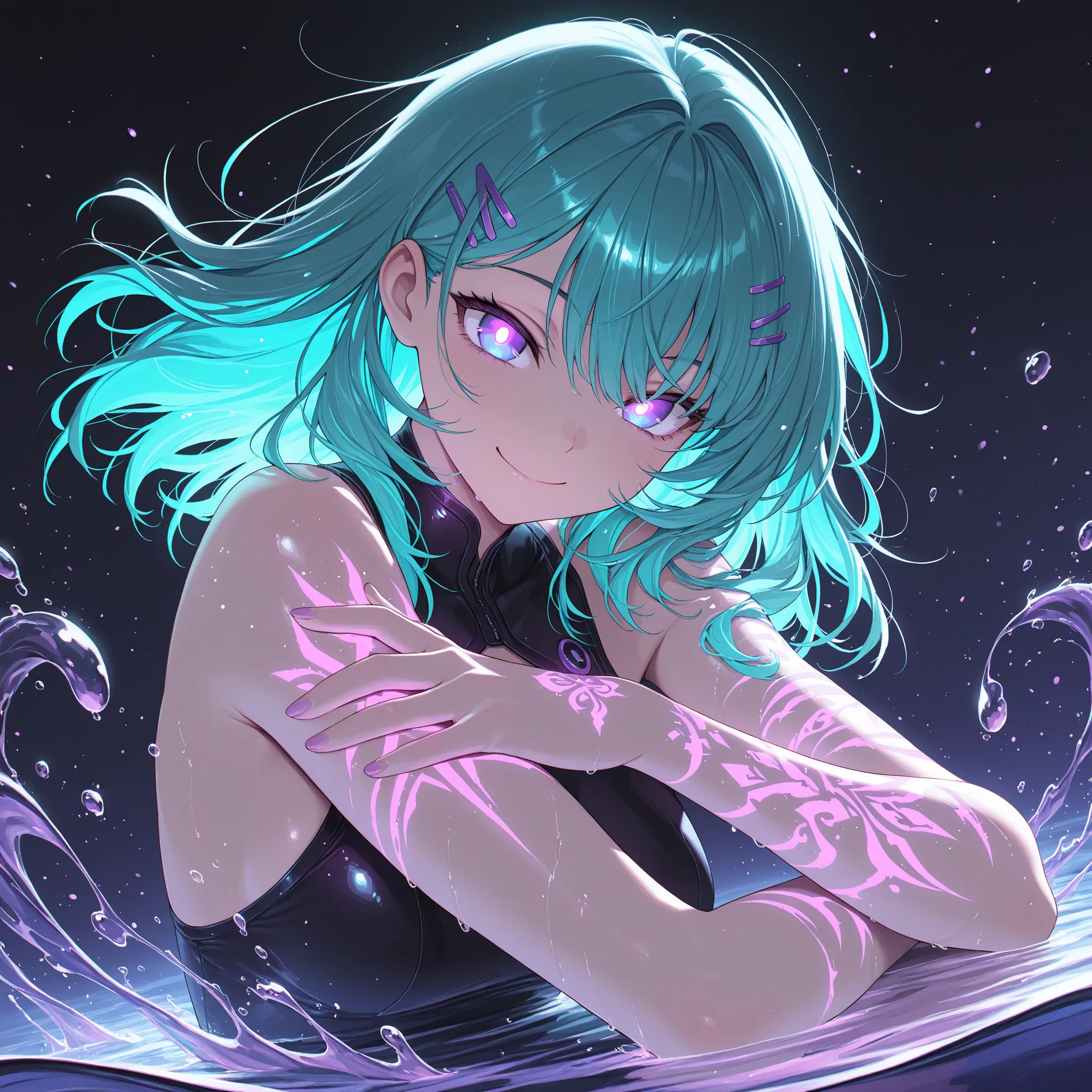 1girl, long hair, medium hair, two-tone hair, aqua hair, purple pupils, hairclip, floating water, particles, tattoos on arms, glowing tattoos, glowing pupils, smile, ,
,masterpiece,best quality,amazing quality,