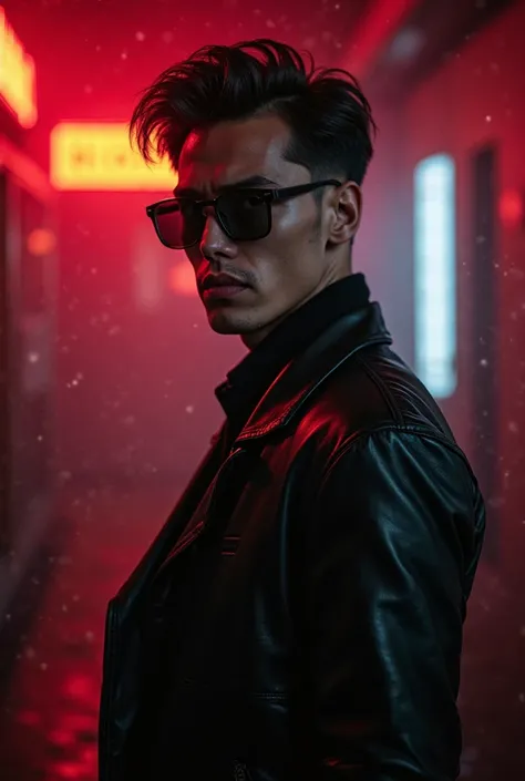 "A young man with a sharp jawline, styled medium-length hair, and a confident smirk, standing in a dark atmosphere filled with cinematic smoke. The background has a mix of red and black neon lights, creating an intense and mysterious mood. His face is well...