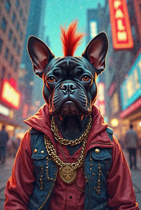 Create an image of a black French bulldog with Mario Baracus's hair, vest and chains 