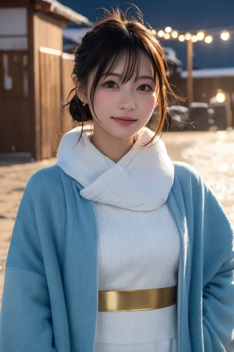 best quality, 8k, masterpiece :1.3)), 1 girl, random hairstyles,  photos, facial focus, costume, super detailed face, detailed eyes,  double eyelids,  idol, cute, full body, Winter clothes, smile, sea, sea岸, golden kimono, gorgeous