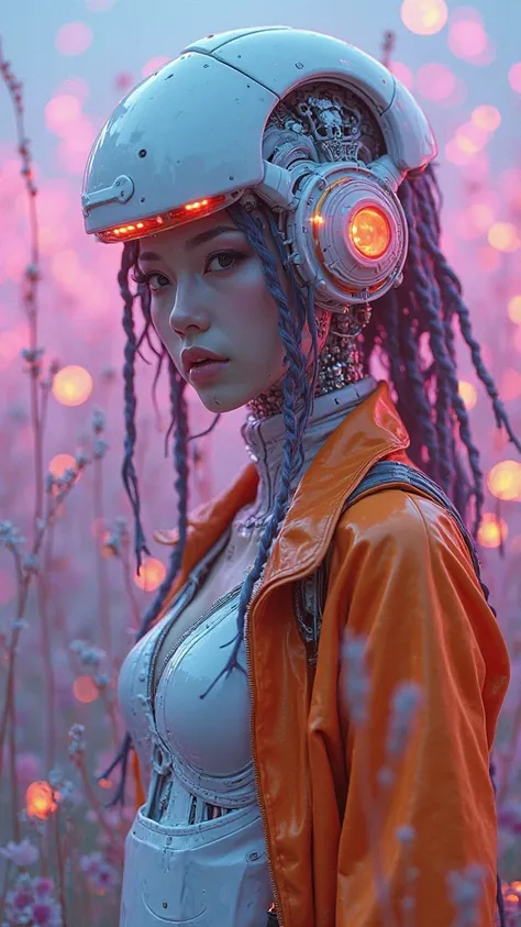 ( AWPortraitFL LoRa V16 ),(Qingxu_Realistic photograph of Asian beauty portraits_v11), (Qingxu_Realistic photograph of Asian beauty portraits_f.11), Hermosa mujer japonesa a close up of a futuristic looking cyborg with a white cyberhelmet head with dreadlo...