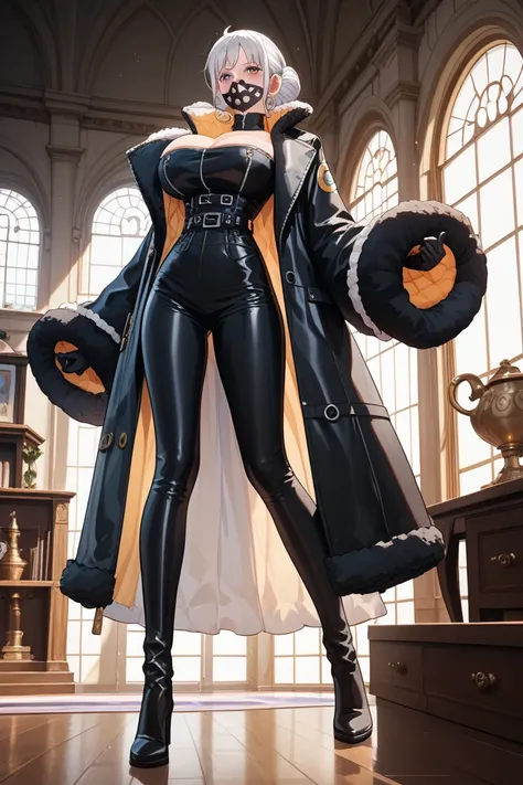   Uncensored ， black tight gel coat ，black leather restraint strap ，Oversized bust，full body， expression of disdain ，full body照， White hair ， High Aims， anime style，huge breasts， 2D绘画风格，   comic style，2D，high quality， tall body ，G cup， mature women，Long Le...