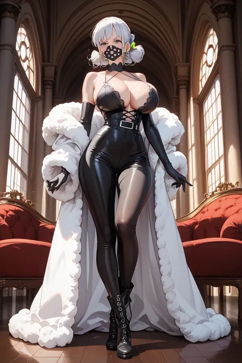   Uncensored ， black tight gel coat ，black leather restraint strap ，Oversized bust，full body， expression of disdain ，full body照， White hair ， High Aims， anime style，huge breasts， 2D绘画风格，   comic style，2D，high quality， tall body ，G cup， mature women，Long Le...