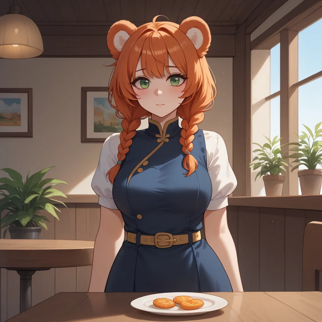 (Masterpiece) (High Detail) (High Res) A short curvy slim Humanoid red_panda Female with tanned human skin and bright green eyes and long braided orange hair and fluffy orange red_panda ears and a long fluffy red_panda tail and medium breasts. She is sat a...