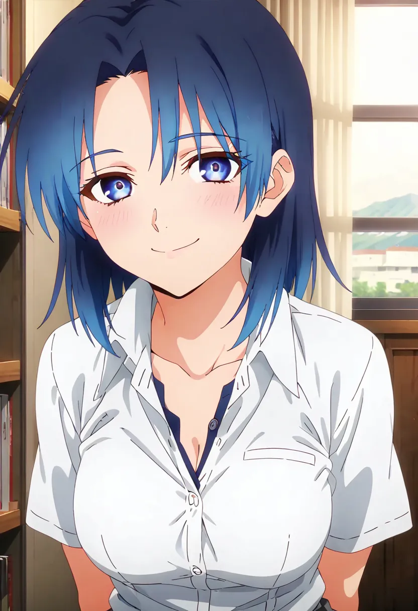 (anime screencap, masterpiece, best quality), Intricate details, indirect lighting, upper body, (Focus on the breasts), looking at viewer, sitting, full body, 1girl, medium breasts, blue hair, blue eyes, school uniform, smile, indoors