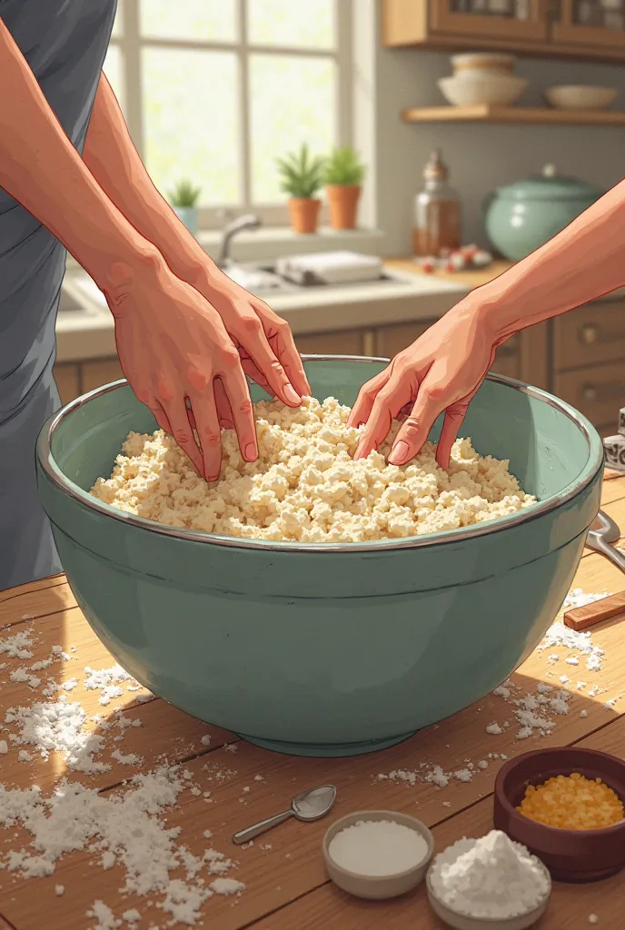 "In a large bowl, combine the flour, salt, sugar, and yeast.",