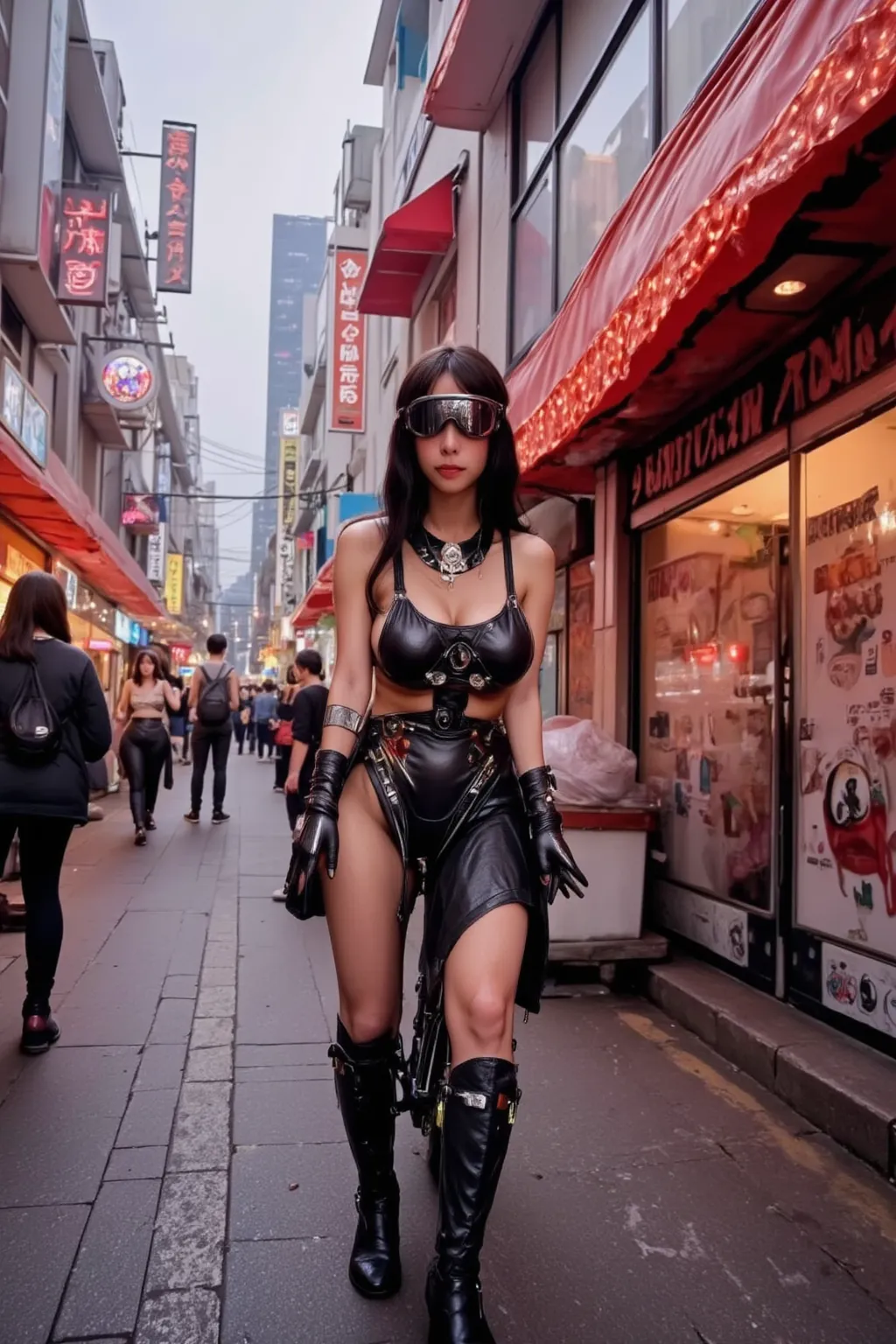 Woman (cute, chrome goggles, sexy outfit, saggy natural breasts huge, sexy black leather outfit, many blinking gadget accessories), flies hover bike through futuristic alien city (high technology blended with fungal structures)(Cyberpunk + mushroom fantasy...