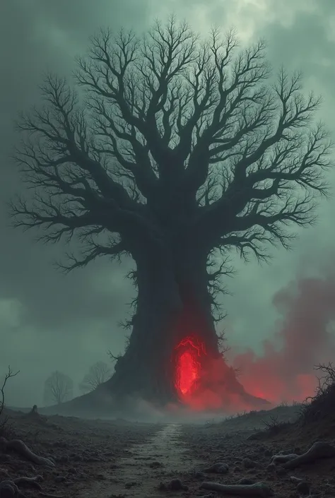 A huge tree without life, in a dark field full of bones, a dark and cloudy sky. The tree has red smoke coming from inside it