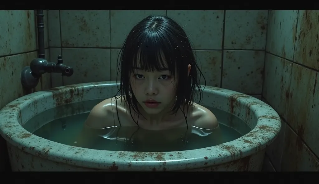 A dark image of a young woman bathing in a basin of dirty water 