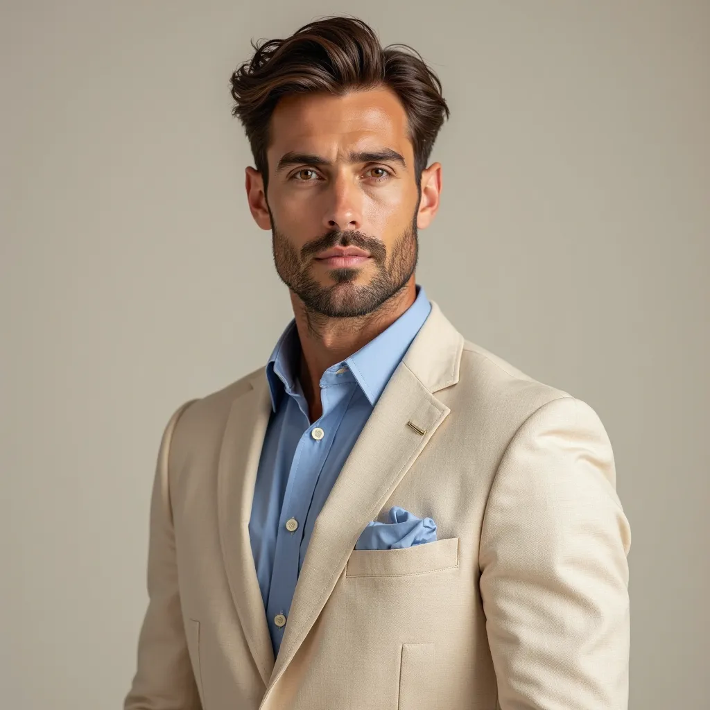 One handsome Men wear beige linen blue shirt