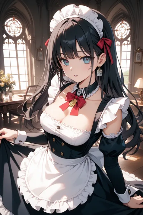   long hair　   black hair　Anime　Maid Lopo　Nipples　 take off clothes　 pubic hair　 open legs