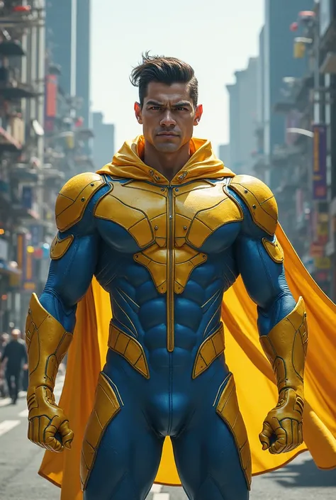 Yellow and blue super hero without a cape 