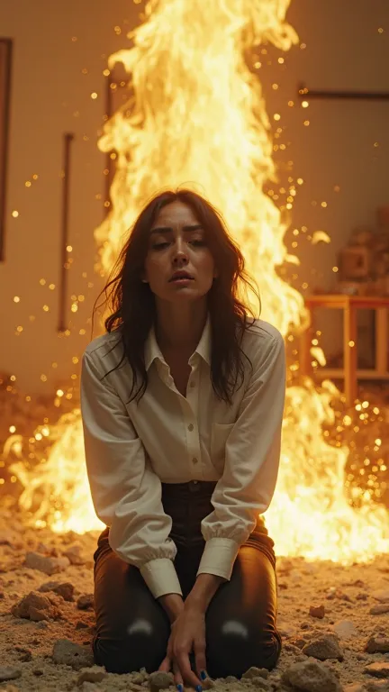 A woman, white with wavy black hair, crying on the floor, with a wave of golden power around her, she is in the middle of the destroyed apartment, she is wearing black high-end pants and a white shirt