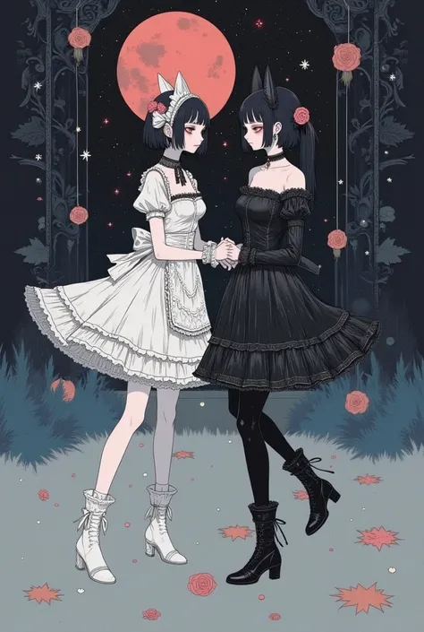 (masterpiece,top quality:1.2),Washi paper drawing\(Japanese paper drawing),two thin girls are dancing,gazing each other face,one of the girl\(black short hair,her hair up,white maid headband,one red rose shaped hair accessory,wearing fox mask,sharp eyes,ga...