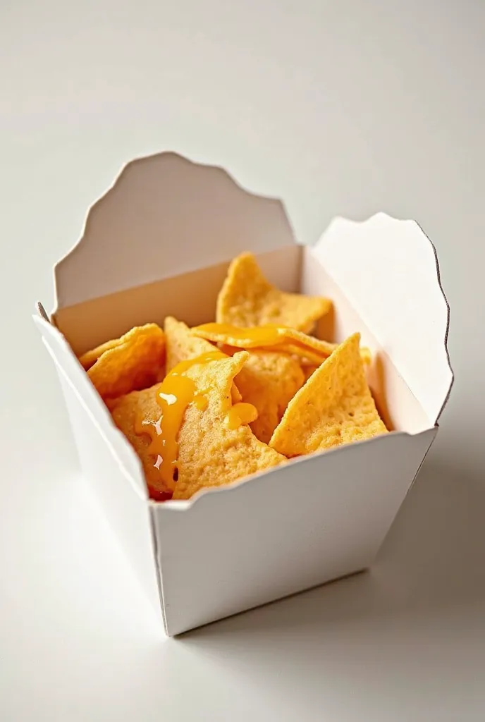 make a disposable white box showing the top of the box like it is close. showing a top of box. and open box with a cheese nachos inside. make it like an ads