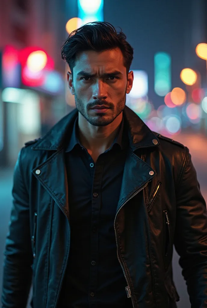 A young man with sharp facial features, medium-length styled hair, and a confident expression.

Wears a black leather jacket and dark sunglasses (optional, depending on the scene).

Strong jawline, serious attitude, and intense gaze to enhance the attitude...