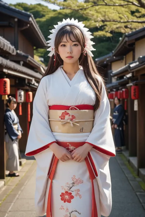   long hair,  textured skin,  high detail,  Highest quality,  1  girls on the left completely naked, Alone,   girls on the left , is cute ,Hooded  ,   portrait of a breathtakingly elegant Edo period prostitute.  standing in a traditional Japanese town at n...