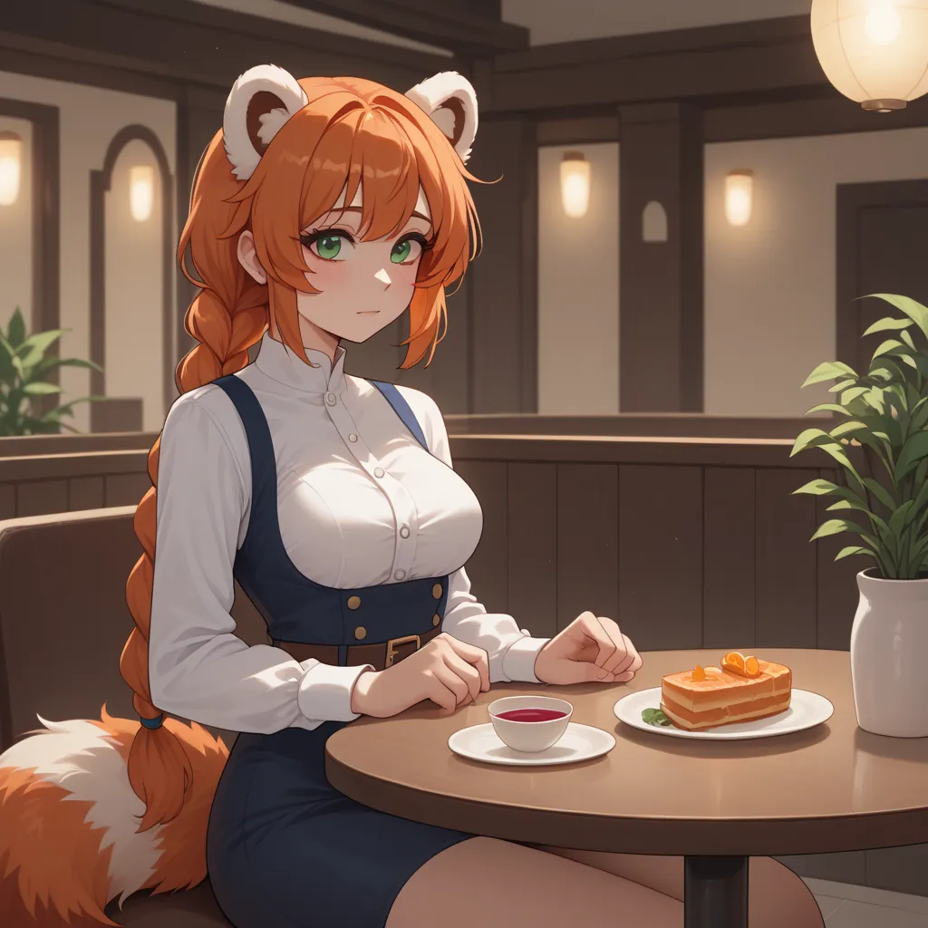 (Masterpiece) (High Detail) (High Res) A short curvy slim Humanoid red_panda Female with tanned human skin and bright green eyes and long braided orange hair and fluffy orange red_panda ears and a long fluffy red_panda tail and medium breasts. She is sitti...