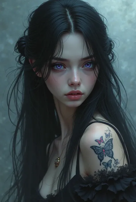 long black hair, purple eyes, dark look, white skin,  butterfly tattoo , watery eyes Breasts, violet eyes, Hair Tie, 