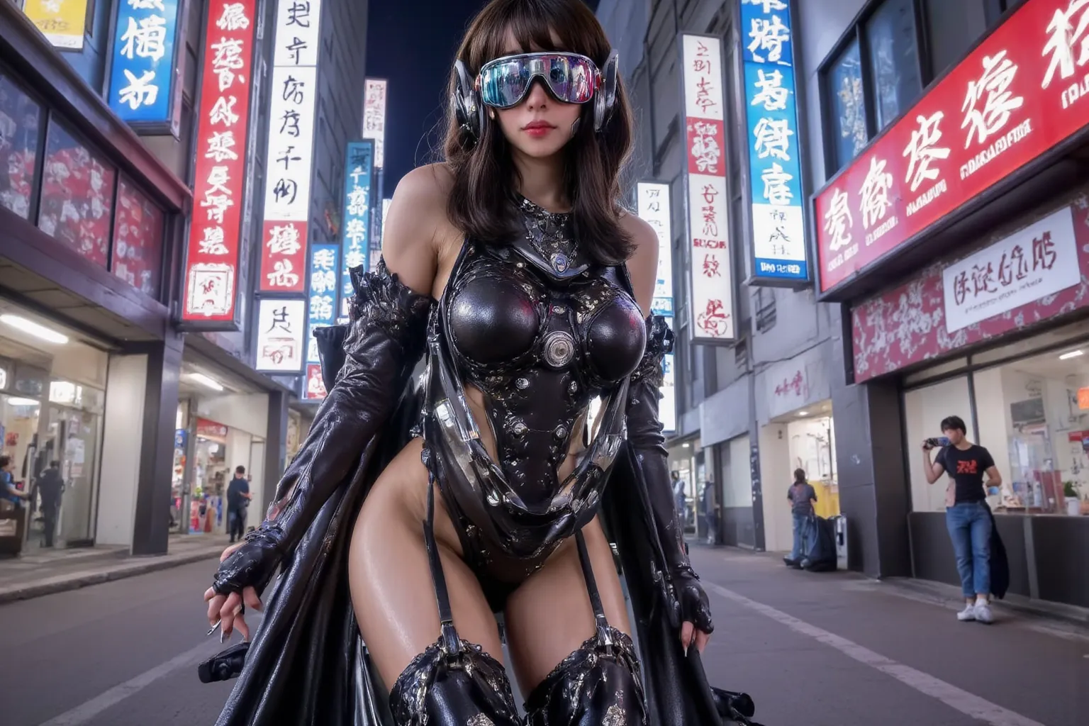 Woman (cute, chrome goggles, sexy outfit, saggy natural breasts huge, sexy black leather outfit, many blinking gadget accessories), flies hover bike through futuristic alien city (high technology blended with fungal structures)(Cyberpunk + mushroom fantasy...