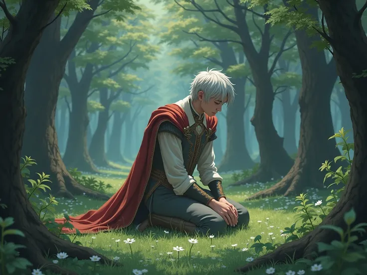 Face: Prince crying short white hair in a kneeling forest realistic medieval anime style 