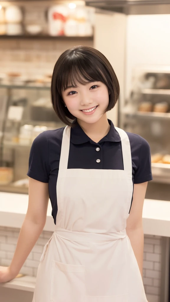 Only one woman, standing, (Staff uniform) (Red apron), /(Black hair/) Bangs, Gentle smile with blush on cheeks, (Top quality masterpiece :1.2) Super detailed delicate illustration, ((Big Break)), (Cafe shop) Indoor, (((18 year old girl, Slim, ))), ((Red ap...