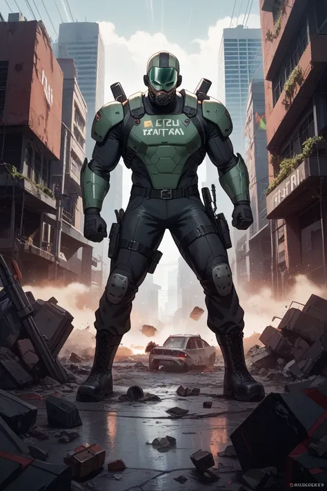 cartoon cover illustration of a hitman in a ruined suit protecting a 