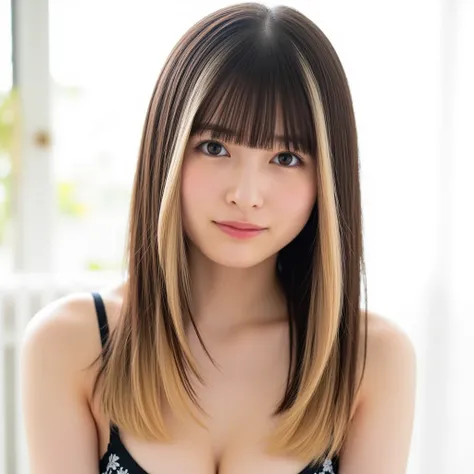  long hair, with blond and black two-tone bangs、Longer long hair、 light background、swimsuit、