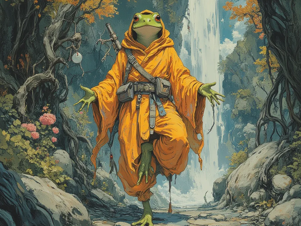 frog dressed in monks robes, standing on one leg, tree pose yoga, In fantasy art style, masterpiece,  best quality , Super Detail, an epic, 4K, cinematic light, ultra-detailed,  8k resolution ,(high quality, 8k, 4K, high contrast, masterpiece: 1.2, 最high q...