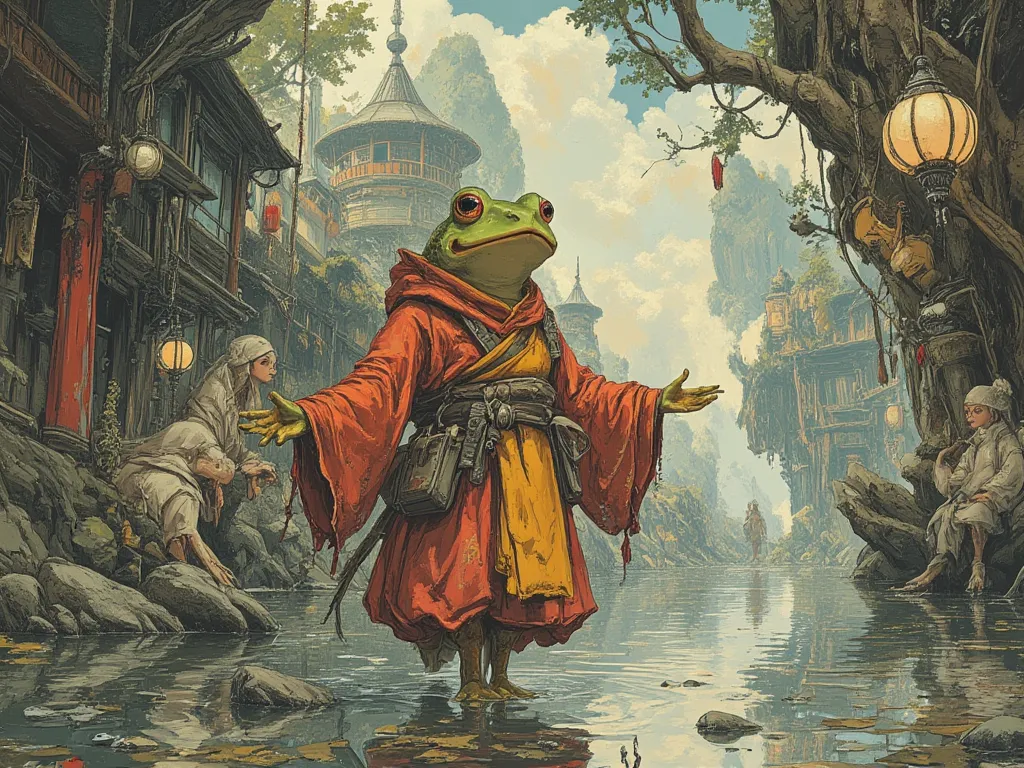 frog dressed in monks robes, standing on one leg, tree pose yoga, In fantasy art style, masterpiece,  best quality , Super Detail, an epic, 4K, cinematic light, ultra-detailed,  8k resolution ,(high quality, 8k, 4K, high contrast, masterpiece: 1.2, 最high q...