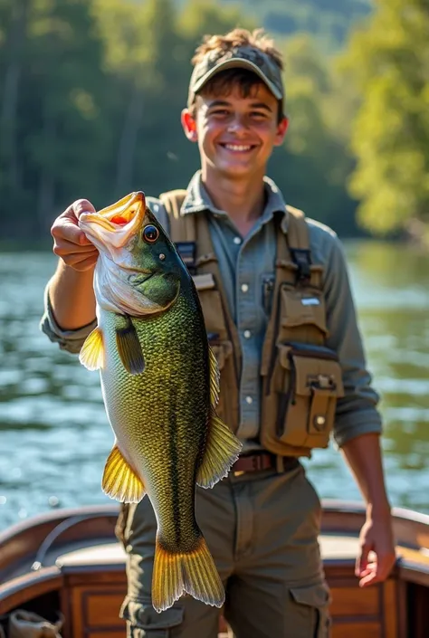 Young fisherman holding a bass in a new boat