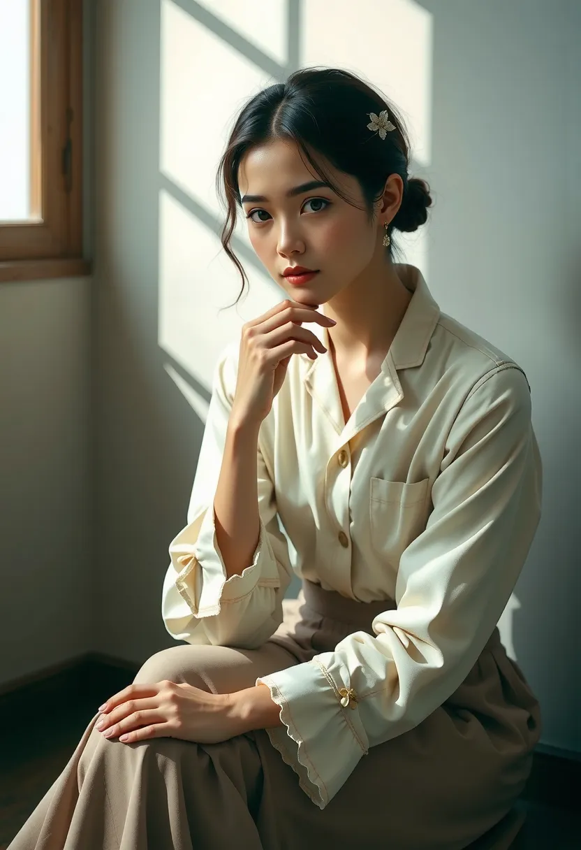 A young woman sits on a chair，Look at the lens