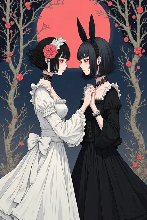 (masterpiece,top quality:1.2),Washi paper drawing\(Japanese paper drawing),two thin girls are dancing,gazing each other face,one of the girl\(black short hair,her hair up,white maid headband,one red rose shaped hair accessory,wearing fox mask,sharp eyes,ga...