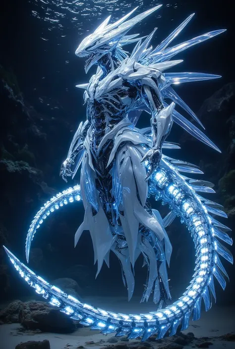  ( fantasy mecha   )( Full body blue translucent mechariviasan swimming in the ocean、In the sea　Dragon Emperor、Dragon with a very long body、In the water　lots of LEDs that shine beautifully  ) )(  front-line configuration   )、    high definition,  masterpie...