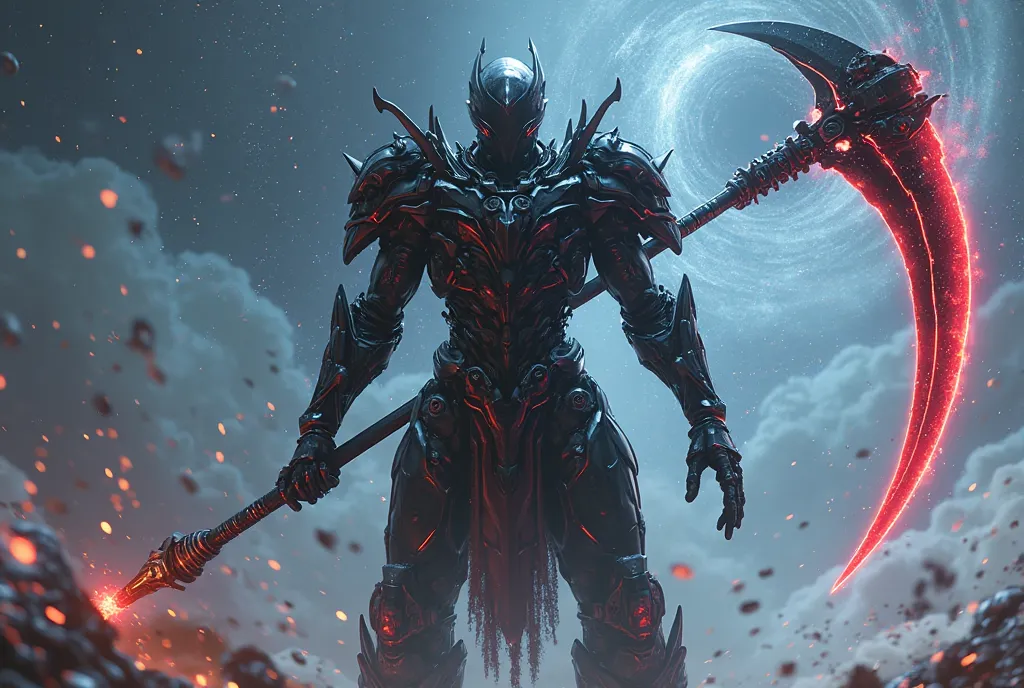 A futuristic, biomechanical warrior with a sleek, black exoskeleton stands under a cosmic sky, wielding a massive scythe with a segmented, glowing red blade. Its sharp, angular armor is adorned with intricate mechanical details, while multiple spiked appen...