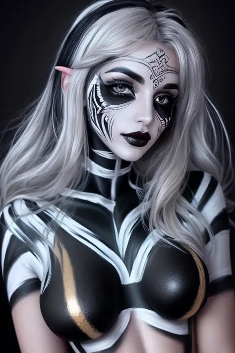 (  high definition), Elf, (Black and White Double Line Pattern Body Paint:1.3), (gold and silver black check body paint and face paint:1.2), (Paint your whole body with silver paint:1.3), (Sit), Silver Hair Straight, (Asymmetric pattern ), (  full body ima...