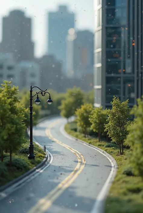 make a simple miniature of bypass road with street lights and a tall building on the side. 