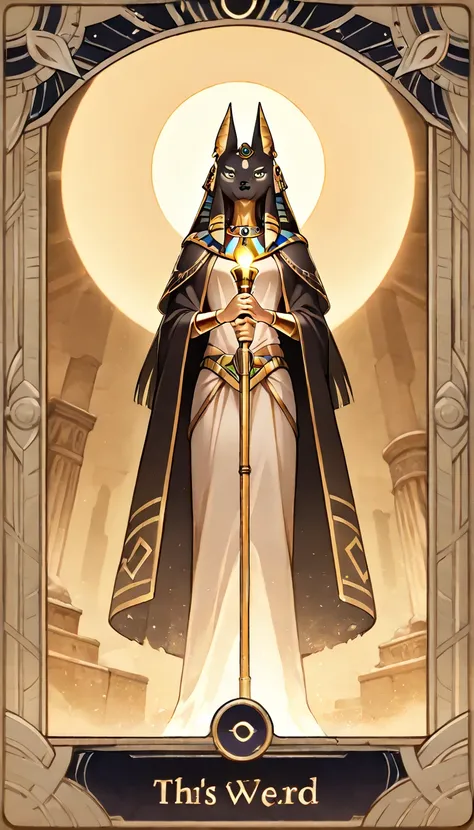 Tarot Card: Death – Anubis, Guardian of Transformation Anubis, the Egyptian god of the afterlife, stands tall, his jackal eyes glowing with divine wisdom. Cloaked in dark robes, he holds the Was scepter in one hand and the Ankh in the other—symbols of endi...