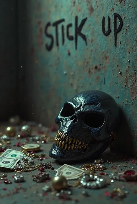 A purge venom mask on the ground with a bag of jewelry and money on the ground with the words stick up on the backwall