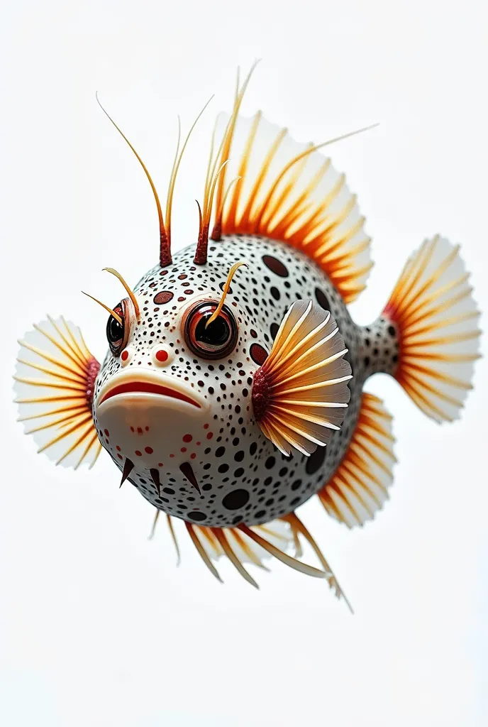 Realistic photo, highest detail, single background colour, white background, best lighting of main object, puffer fish, aesthetic photo, Instagramable photography, centered objects