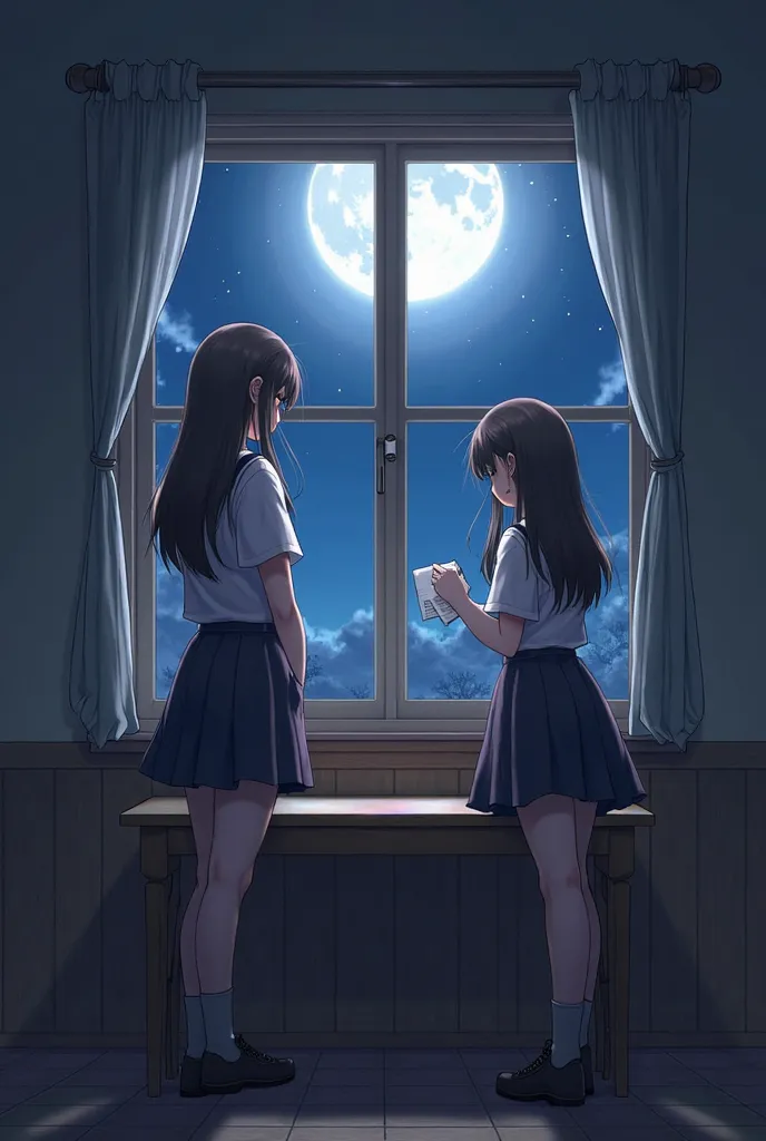   I want them to stand in front of a table by the window in the attic，  Yes when the moonlight is shining on both of them  ，  there should be redness on both sides  ，  girls stand on the right  ，  2 people on the right hand put it in the pocket  ，  girls h...