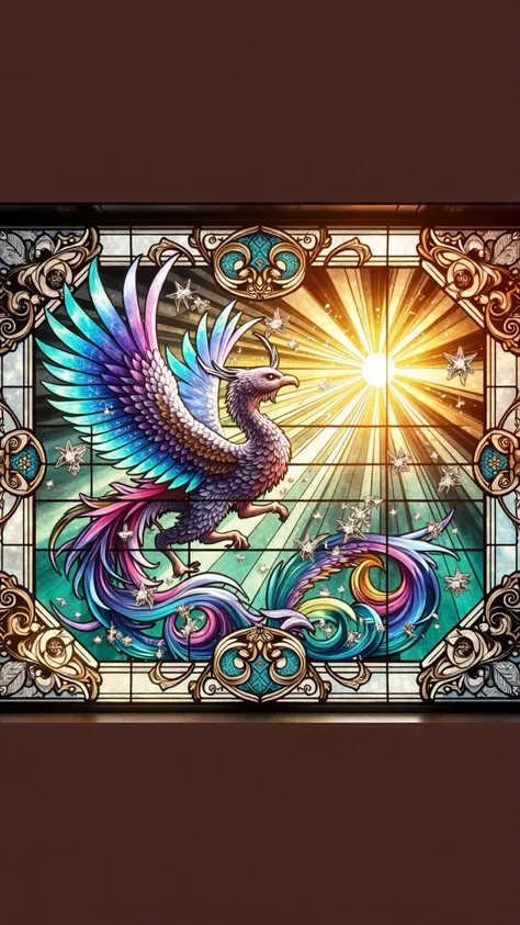 “A breathtaking stained glass window depicting a majestic phoenix rising towards a radiant sun. The phoenix has shimmering iridescent feathers in shades of blue, purple, and gold. The background features intricate swirling patterns of wind and light, with ...