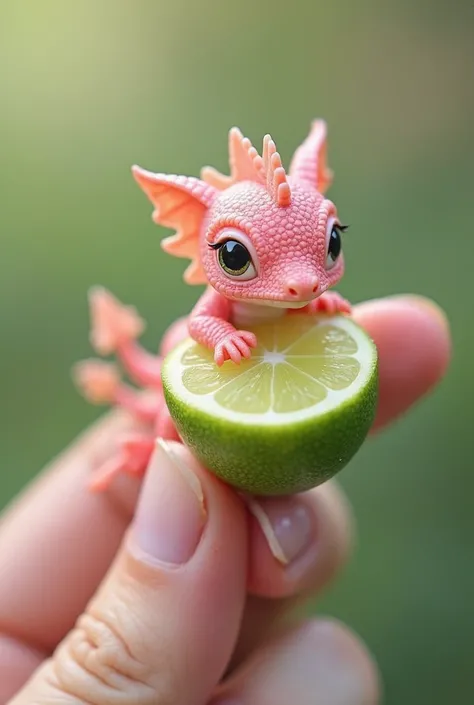  A pink dragon, a small one, is clinging to your finger.、 A small bright dragon eats half a green lemon half on your finger.、 Pastel colorsの七色の毛のかわいいドラゴン、 hair 、The hairs on my body  、 ตาโต cute 、  cute 、novel、แท้TRUE、sporty、 my hands are resting on my fin...