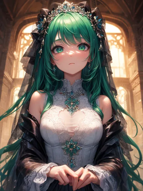 art by Cornflower,( masterpiece),(Highest quality:1.2),(perfect anatomy),(1 girl),Beautiful detailed green eye,Beautiful green hair,( high-definition and elegant ),Classic Style,Wide range of colors,Brush strokes,鮮やかなTexture, detailed skin, Add a dramatic ...