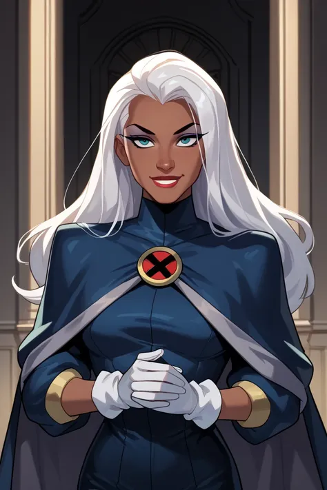  Score_9, Score_8_up, Score_7_up, Score_6_up, Score_5_up, Score_4_up, source_cartoon

1girl, solo storm, smile, dark skin, long hair, white hair, makeup, lipstick, long cape, cape covering body, white gloves, standing, cape covered, High Resolution, Master...