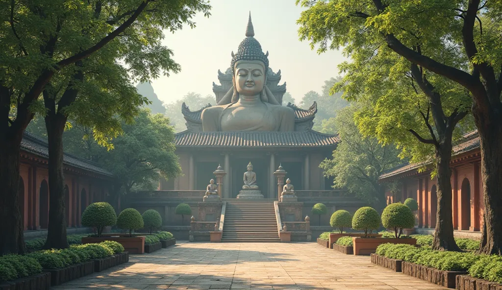 Create a surreal photo illustration of an ancient temple, peaceful and quiet in the heart of the city. In the photo, the temple appears with Buddha statues with compassionate smiles and thoughtful eyes, as if telling many stories about time. The vast templ...