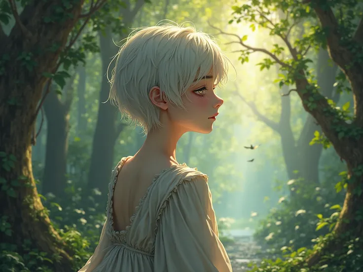 Rosto Principe crying, short white hair in a forest realistic medieval anime style 